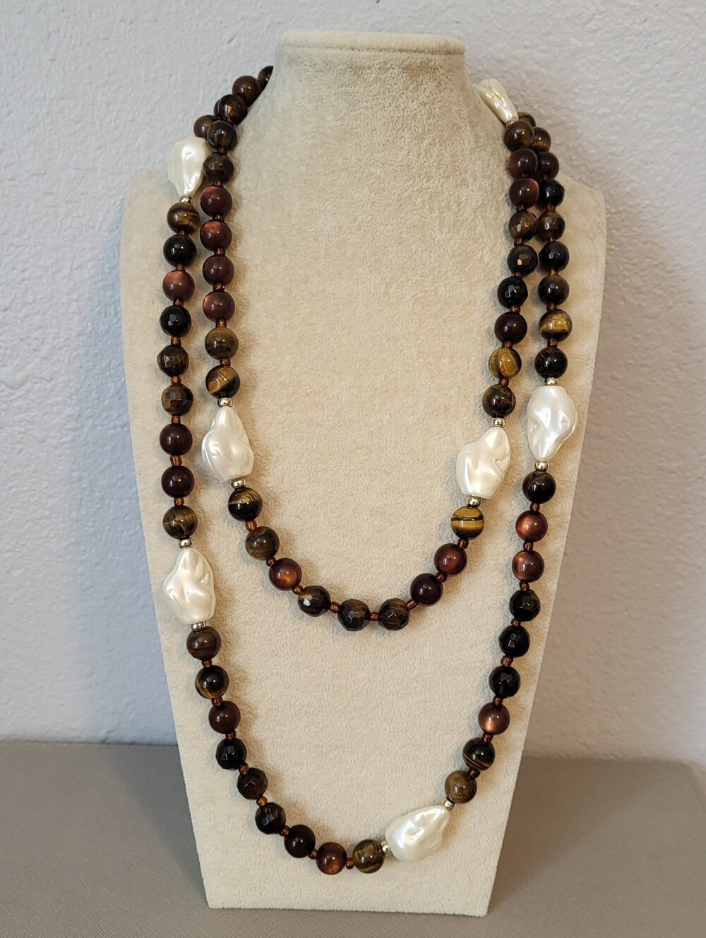 NWT Chico's Faux Tigers Eye Baroque Pearl Chunky Beaded Long Necklace Beach Boho